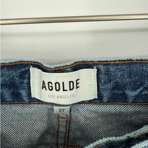 Agolde Riley Jeans Denim Button Fly Raw Hem High Rise Ankle Crop Blue Size 27 - Picture 4 of 7